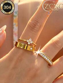 3pcs/Set 18K Gold Plated Delicate Minimalist Floral Ring Set, Stainless Steel Anti-Fade & Hypoallergenic, Suitable For Daily, Party And Occasions, Great Gift For Valentine's Day, Mother's Day, Friends And Family - Gold - View 5