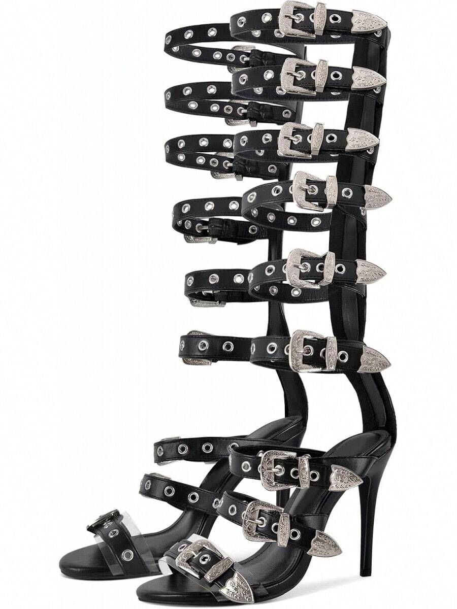 2026 Women Back Zip Knee High Gladiator Sandals, Buckle Belt Strap Wrap Heel Summer Shoes