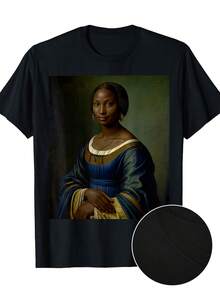 Black History Month Mona Lisa Graphic T-Shirt - 100% 220 GSM Heavyweight Crew Neck Unisex Retro Artistic Representation Tee with African Heritage Design, All-Season Casual Short Sleeve Shirt for Men & Women, Digital Print Cultural Apparel - Schwarz - Übersicht 1