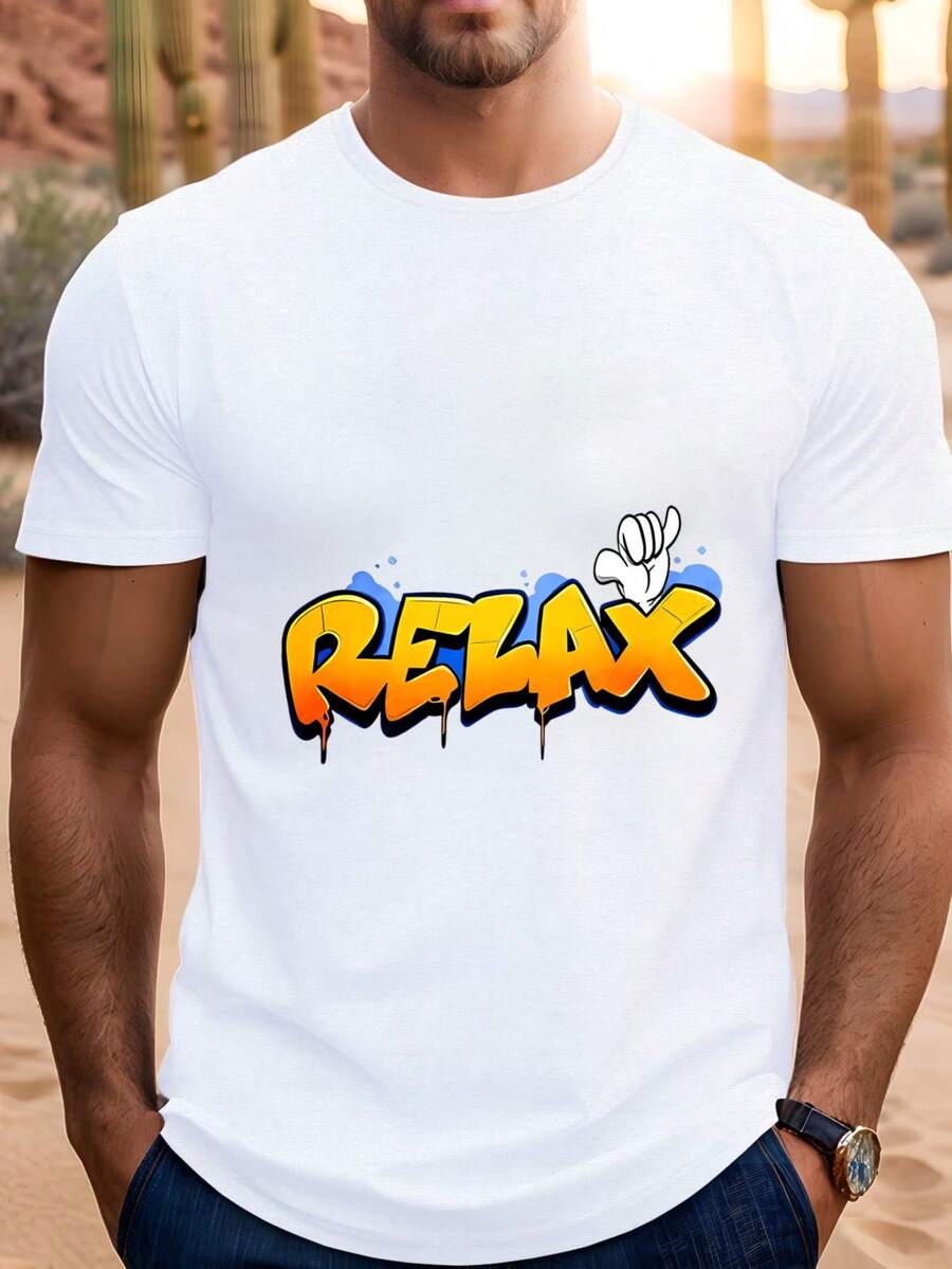 Relax In The Digital Print Hand Short Sleeve Unisex Pure Cotton Loose And Comfortable - 白色 - 查看 1
