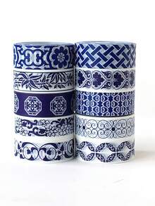 10 rouleaux de set d'autocollants de ruban washi vintage bleu et blanc, motif en céramique traditionnelle chinoise. Ruban décoratif en papier, accessoires de papeterie pour le DIY, le journal, le planificateur, le scrapbooking et l'artisanat. - Ruban adhésif décoratif Washi - Voir 1