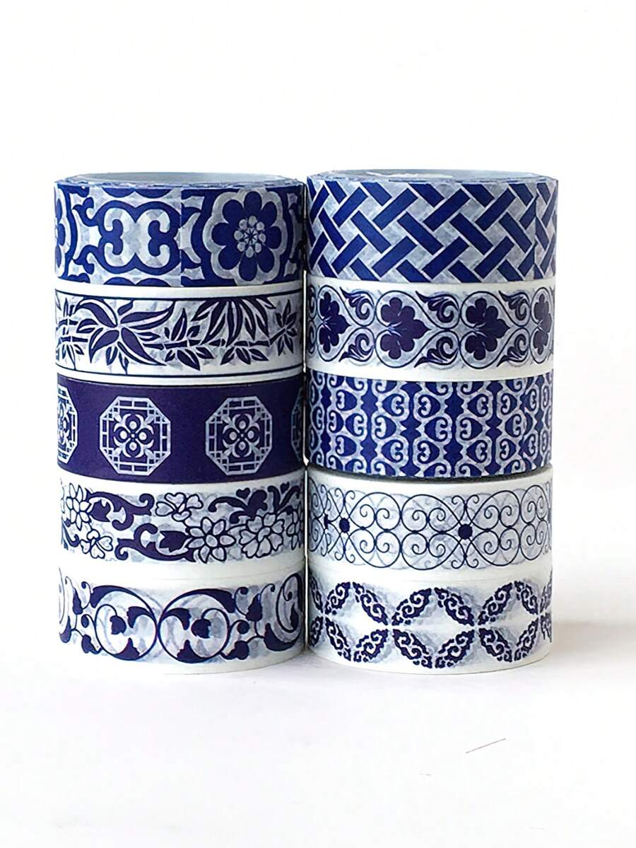 10 rouleaux de set d'autocollants de ruban washi vintage bleu et blanc, motif en céramique traditionnelle chinoise. Ruban décoratif en papier, accessoires de papeterie pour le DIY, le journal, le planificateur, le scrapbooking et l'artisanat. - Ruban adhésif décoratif Washi - Voir 1