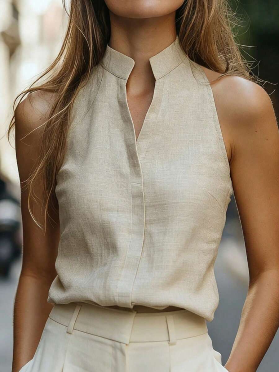 Frühling Sommer Herbst Damenhemd, einfarbig elegant ärmellos Pendeln elegant elegant Bluse Hemd, elegante Damenbekleidung - Aprikosenfarben - Übersicht 1