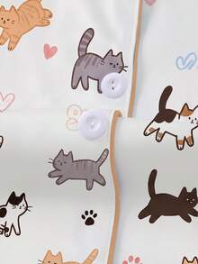 2pcs/Set Women's Pajama Set, Cat Print, Women's Loungewear, Spring/Summer Holiday Outfit, Short Sleeve Top And Shorts Set - Apricot - View 3