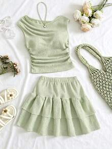 Girls' Summer 2 Pieces Set Yellow Pleated Knit Asymmetrical Shoulder Top + Multi-Layer Ruffle Skirt Set, Suitable For Summer Outdoor Casual Gatherings, Machine Washable - Mint Green - View 4