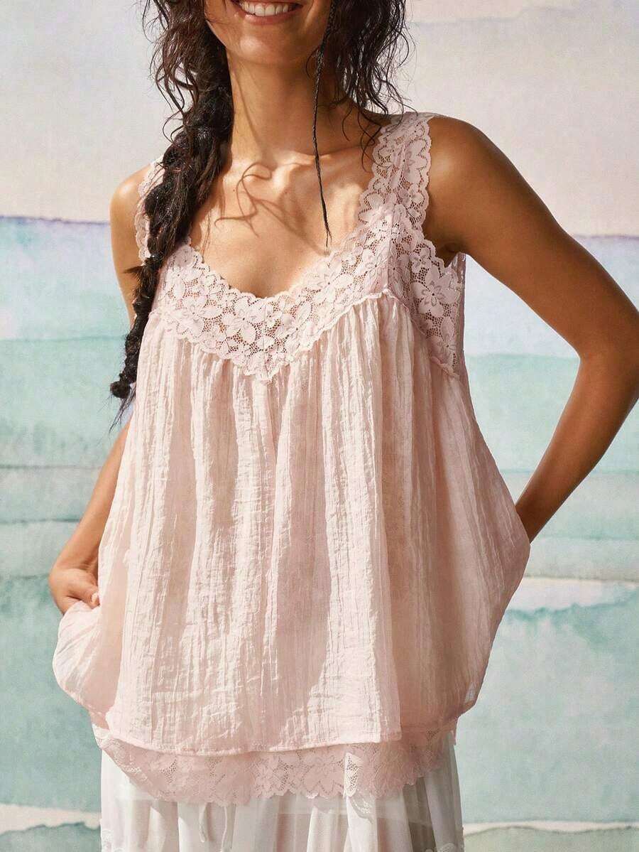 Blusa de uso diario versátil y casual con parches de encaje para mujer - Rosa Pálido - Ver 1