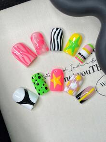 10pcs Handcrafted Y2K Square Press On Nails Set, Pink And Yellow Nails With Hand Drawn Colorful Stripes, Black Polka Dot Design, Pink Snake Pattern And Star Decoration - Nhiều màu - Xem 11