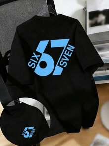 Summer Short-Sleeved T-Shirt For Boys, "67" With A Fun Digital Design. Suitable For Casual Wear, School, And Everyday Wear. - Hitam - View 1