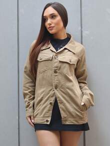 Maxi Oversized Denim Jacket With Pockets, Women's Long Winter - 卡其色 - 查看 4