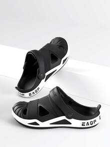 Men's Two-Strap Outdoor Slippers, Lightweight Water-Resistant Beach Sandals, Anti-Slip Thick Sole Slides For Summer, Casual Outings & Vacation Activities - Black - View 3
