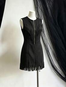 Mother's Day Gift 2026 Summer Western Style Vintage V-Neck Knitted Fabric Tassel Faux Suede Dress Slim Fit Suitable For Bohemian Style Mini Midi Dress - 天藍色 - 查看 8