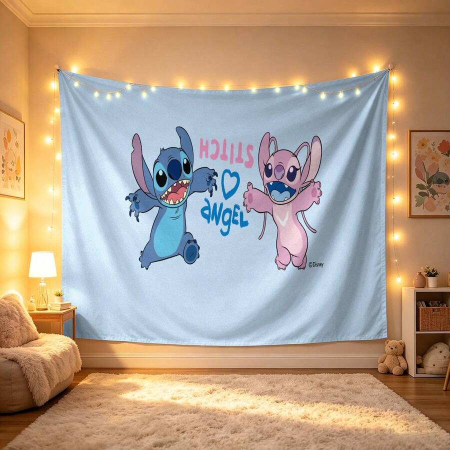 Disney Lilo & Stitch Wandteppich, süßer Muster von aufgeregtem Stitch und Engel mit Herzakzenten, leichter, weicher Stoff für Schlafzimmer, Wohnzimmer und Deko im Studentenwohnheim - 0 - Übersicht 1
