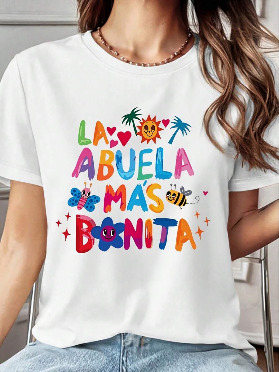 Women's Short-Sleeved T-Shirt, Spanish Granny Cartoon Print, Round Neck, Machine Washable, Soft, Breathable, Skin-Friendly, Ideal For Spring, Summer And Autumn, Warm And Casual, Fashionable, Easy To Match, Women's Top S-XXL, Suitable For Family - 白色 - 查看 1
