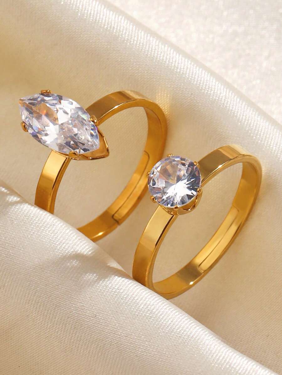 两枚不锈钢镀18K金锆石极简戒指套装，适合女性日常、约会、婚礼、派对等场合佩戴。 - 彩色 - 查看 1
