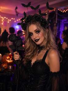 Halloween Black Rose&Bat Headband, Gothic Style Witch Headband With Black Flower, Black Gothic Demon Headpiece, Suitable For Halloween Party Headpiece, Halloween Cosplay Costumes, Themed Party Headwear, Haunted House Costumes, Holiday Photo Styling - View 2