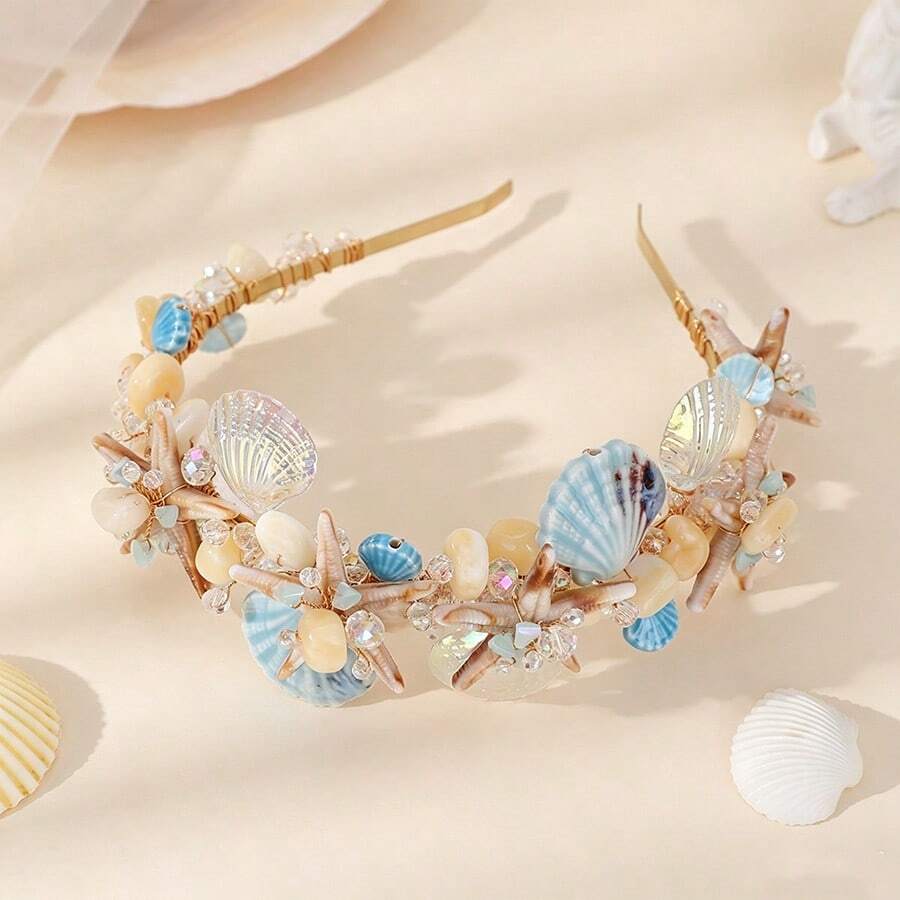 1件海星貝殼水晶髮箍，金色金屬線海洋主題髮冠，美人魚海灘新娘髮飾，適合度假婚禮攝影 - 藍白色 - 查看 1