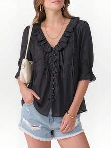 Women's Summer Ruffle Shirts Fashionable Solid Color V Neck Short Sleeve Frog Button Tops - Black - View 5