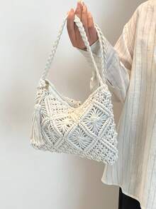 Vintage Woven Handbag, Bohemian Style Crossbody Bag, Woven Set Fabric Beach Bag, Tassel Decor Crochet Bag - White - View 4