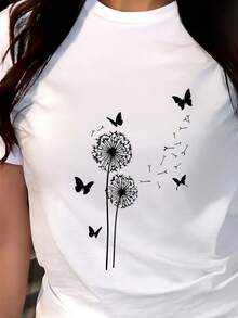 Camiseta fresca primaveral con estampado de diente de león y mariposa, manga corta cuello redondo, estilo romántico - Blanco - Ver 1