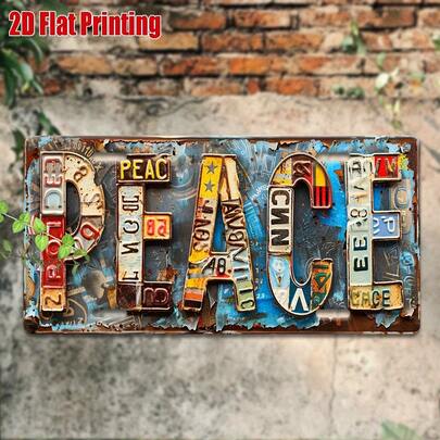 1pc Vintage Metal Sign, Outdoor Wall Art, Colorful "Peace" Letter Scene, Retro Inspirational Wall Decor, Suitable For Cafe, Garage, Game Room, Gift Conveying Positive, Free And Peace 2D Flat