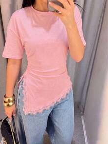 Camiseta de mujer de punto de unicolor con encaje en contraste, asimétrica/asimétrica, adecuada para el hogar, uso diario, vuelta al colegio, fiesta, casual de primavera/verano en color negro - Rosa - Ver 5