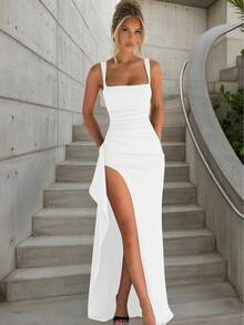 Hugcitar mujeres elegante correas sólidas hendidura acanalada Patchwork ceñido Maxi vestido trajes de verano de noche Festival de cumpleaños - BLANCO - Ver 1