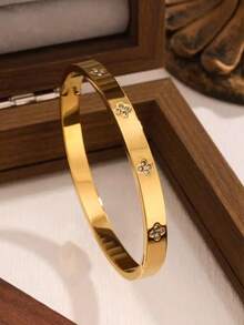 1pc/5pcs Hot Selling Non-Fading Gold Plated Stainless Steel Bracelet, Cross-Border Mirror Finish Four-Leaf Clover Titanium Steel Bangle - Gold - View 8