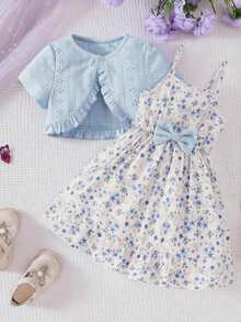 Young Girls Spring/Summer Knitted Hollow Out Cropped Top & Floral Print Sleeveless Dress 2 Pieces Casual Set - Blue - View 3