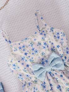 Young Girls Spring/Summer Knitted Hollow Out Cropped Top & Floral Print Sleeveless Dress 2 Pieces Casual Set - Blue - View 8