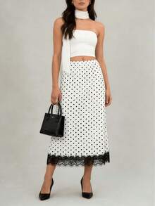 Solid Color Polka Dot Elegant Faux Fur Patchwork Skirts White - White - View 7