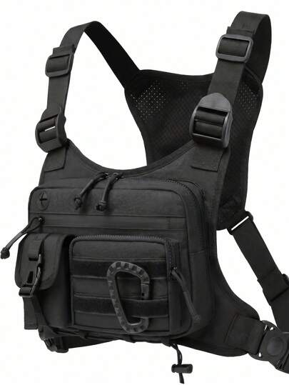 Black Tactical Chest Bag, Suitable For Both Men And Women - Adjustable Shoulder Strap, Multiple Pockets, Durable Zipper Storage, Suitable For Running, Hiking, Sports And Workouts,  And Stylish Design, Sports Equipment, Sports Accessories, Functional Pockets