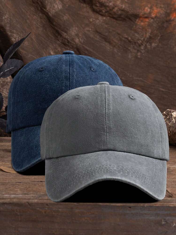 2 chiếc mũ lưỡi trai unisex màu trơn, có thể điều chỉnh, đã qua xử lý giặt, kiểu dáng thường ngày, phong cách ngoài trời. - Xanh hải quân + xám - Xem 5