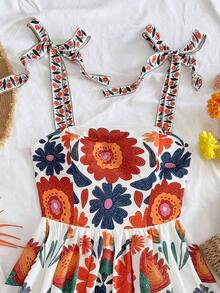 Vestido de verano corto y lindo de línea A con cintura recogida, lazo y bordado de margaritas para mujeres en vacaciones - Multicolor 2 - Ver 3