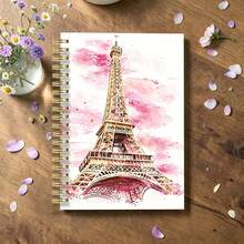 1 pieza Cuaderno espiral A5 - Diseño de arte en acuarela inspirado en París, Francia, con la Torre Eiffel y arquitectura francesa, cubierta elegante en rosa y dorado - Rosa elegante - Ver 4