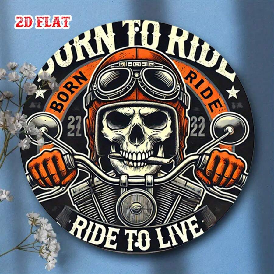 2D Flat - A Round Metal Sign, Motorcycle Lifestyle Theme, Designed For Wall Decor. This Rustic Style Metal Artwork Features A Skull Rider Image, Perfect For Enhancing The Atmosphere Of Your Home, Garage, Or Restaurant.