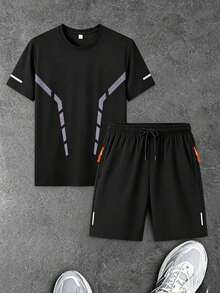 Men's Summer Cool Elastic Ice Silk Short Sleeved Ice Silk Quick Drying Sports Shorts Set Suitable For Fitness Running Training Outdoor Running Wear - Black - View 7