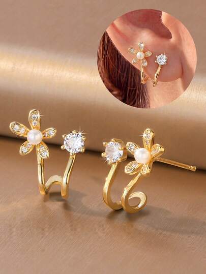 1 Pair Gentle Style Gold-Plated Rhinestone Flower Design Double C Stud Earrings With Natural Freshwater Pearls, Suitable For Women To Wear On Various Occasions