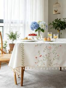 1pc Colorful Embroidered Floral Tablecloth, Rectangular, Beige Tassel Decor, Suitable For Dresser, Coffee Table, Cabinet, Dining Table, Kitchen, Gathering, Dinner, Holiday, Party, Wedding, All Seasons, Spring/Summer - Green Garden - View 9