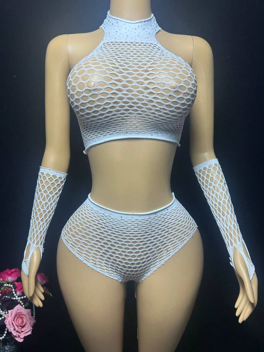 Sexy Lingerie Set With Fishnet And Rhinestone Embellishments, Hollow Out Sheer Design, Suitable For Parties And Dates, Sparkling Goddess Sleeves And Exposed Navel, Showcasing Perfect Body - White - View 1