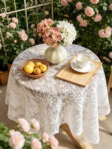 1pc Floral Lace Embroidered Organza Tablecloth, French Wavy Edge Design, Romantic Pastoral Vintage Table Cover, Suitable For Wedding, Restaurant And Home Decor - White - View 2