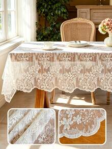 1 cái khăn trải bàn organza thêu ren hoa, thiết kế viền sóng kiểu Pháp, khăn phủ bàn phong cách vintage đồng quê lãng mạn, phù hợp cho đám cưới, nhà hàng và trang trí nhà cửa - Màu be - Xem 1