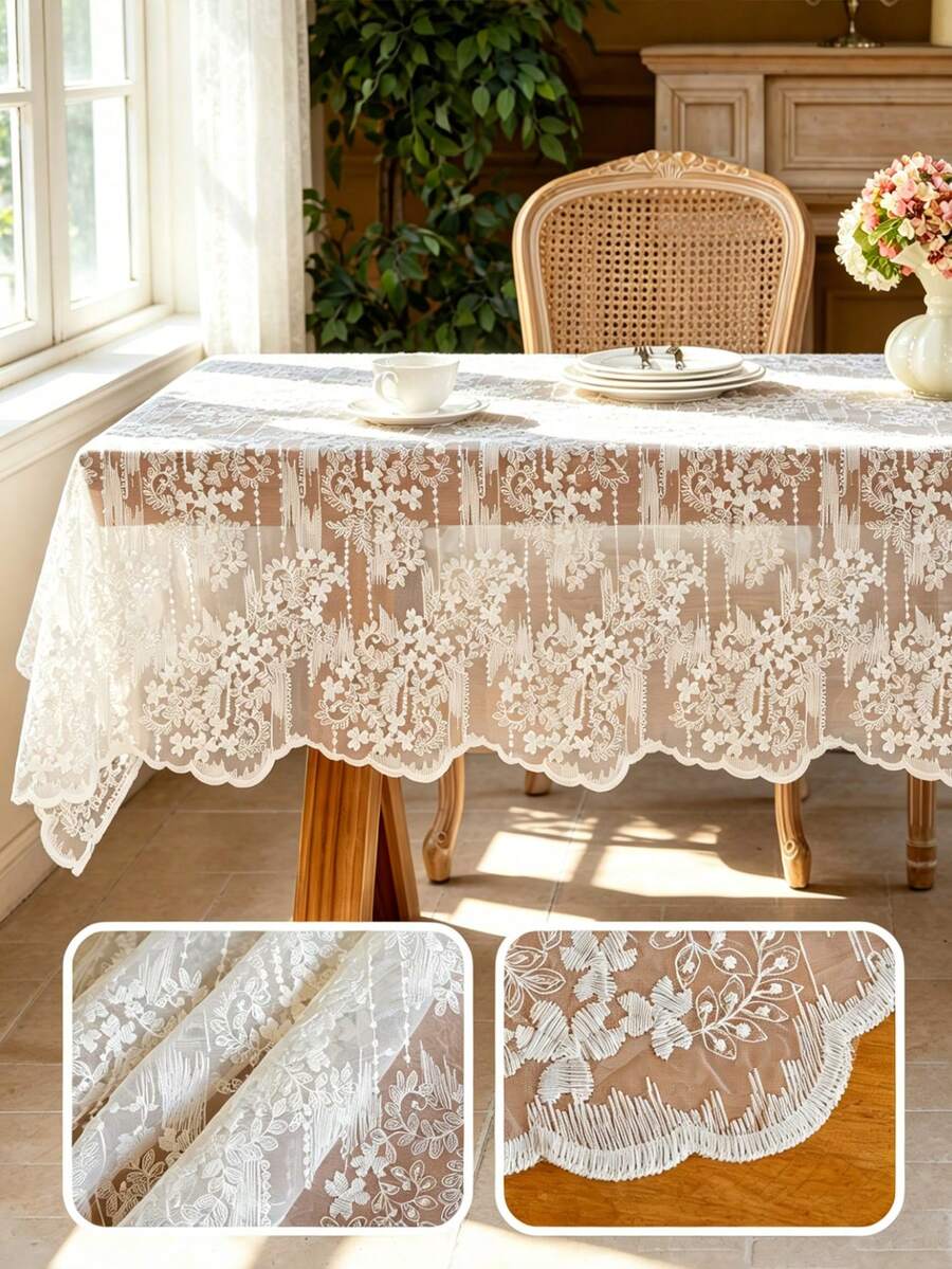 1 cái khăn trải bàn organza thêu ren hoa, thiết kế viền sóng kiểu Pháp, khăn phủ bàn phong cách vintage đồng quê lãng mạn, phù hợp cho đám cưới, nhà hàng và trang trí nhà cửa - Màu be - Xem 1