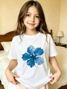 Blue Flower Print Design Printed T-Shirt For Children - White - View 8
