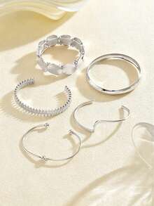 5pcs Set Vintage Exaggerated Luxury Geometric Design Wide Metal Bangle Bracelet Set, Suitable For Daily Wear And Gift - Silver - View 5