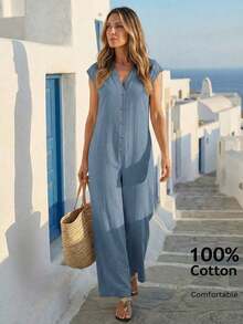Mono de unicolor con botones versátil y de moda para vacaciones para mujer - Azul - Ver 1