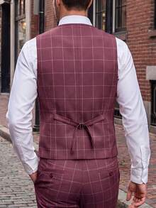 Mens 3 Pieces Suit Set Plaid Slim Fit  Checked Casual Tuxedo Formal Suits For Men Wedding Business Party Blazer Vest Pant - Burgundy - View 4