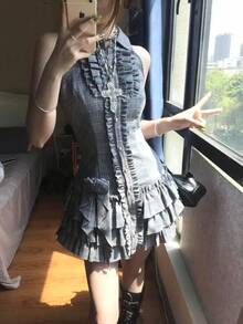 Summer Japanese Y2K Sweet Vintage Elegant Woman Sexy Retro Design Harajuku Dress Female Plaid Korea Style Chic Outfits New  Slim Fit Princess A Line Short Mini Bodycon Streetwear - Gray - 查看 4
