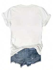 Camiseta holgada de verano de algodón con letra manuscrita y corazones Faith Hope Love, estilo simple casual para mujer - Blanco 2 - Ver 2