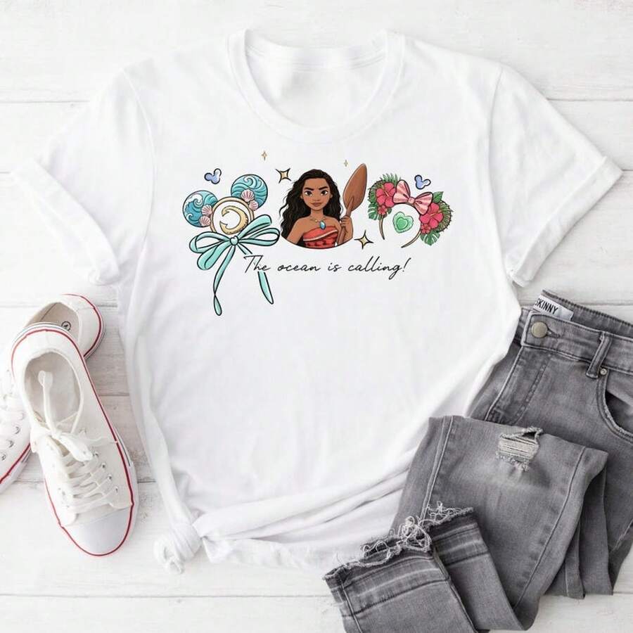 Oversized Disney T-Shirt Adult Moana Shirt Plus Size Disney Princess Disney 100% Cotton Women, Suitable For Daily Outings Summer Holiday Gifts - 白色 - 查看 1