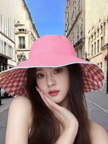 Topi Nelayan Bertali Motif Kotak-kotak Korea Baru yang Dapat Dibalik, Topi Pelindung Matahari Bertepi Lebar untuk Aktivitas Luar Ruangan, Topi Matahari Poliester Kasual Modis yang Dipersonalisasi, Cocok untuk Musim Semi dan Musim Panas - topi - View 6